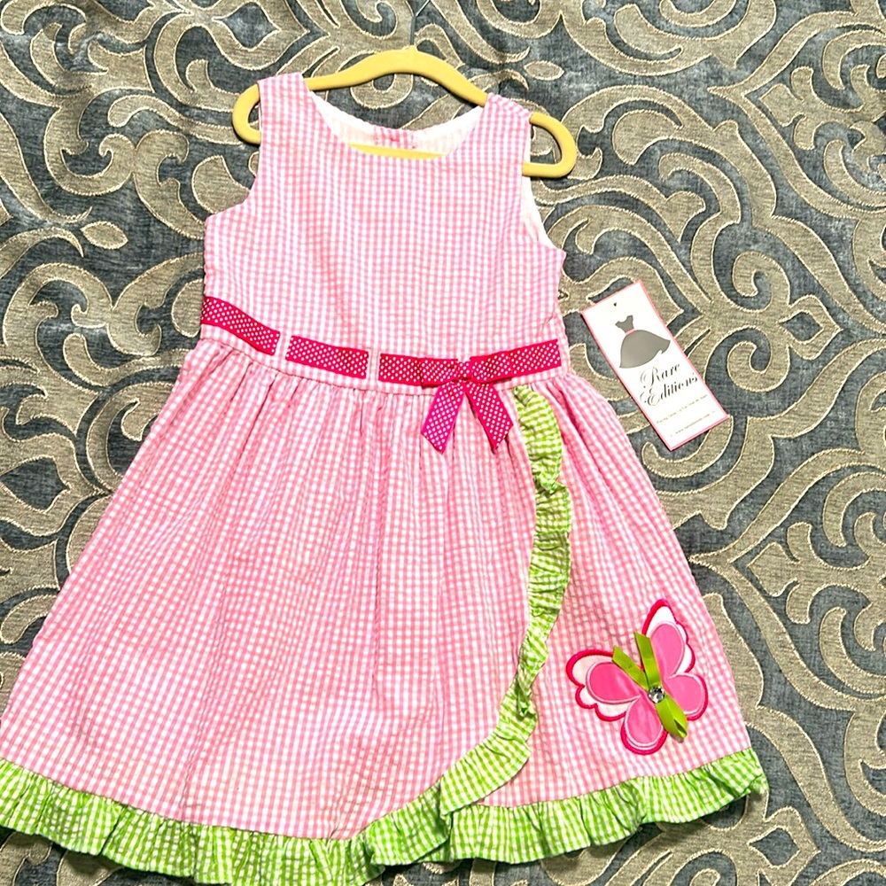 Rare Editions Sleeveless Seersucker Dress Butterfly Appliqué